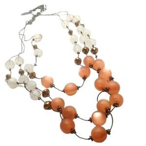 NY&Co Necklace 3 Thin Gunmetal Strand Acrylic Peach-Coral Clear & Frosted Beads